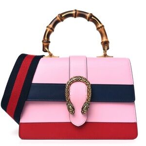 GUCCI Calfskin Web Medium Dionysus Bamboo Top Handle Bag Sugar Pink Blue Red
